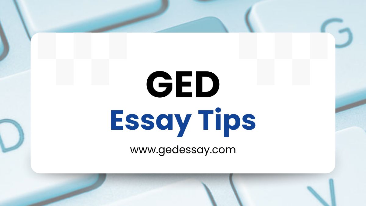 Banner displaying the text 'GED Essay Tips' in bold black letters, with the website URL 'www.gedessay.com' below it, set against a blurred background of a keyboard.
