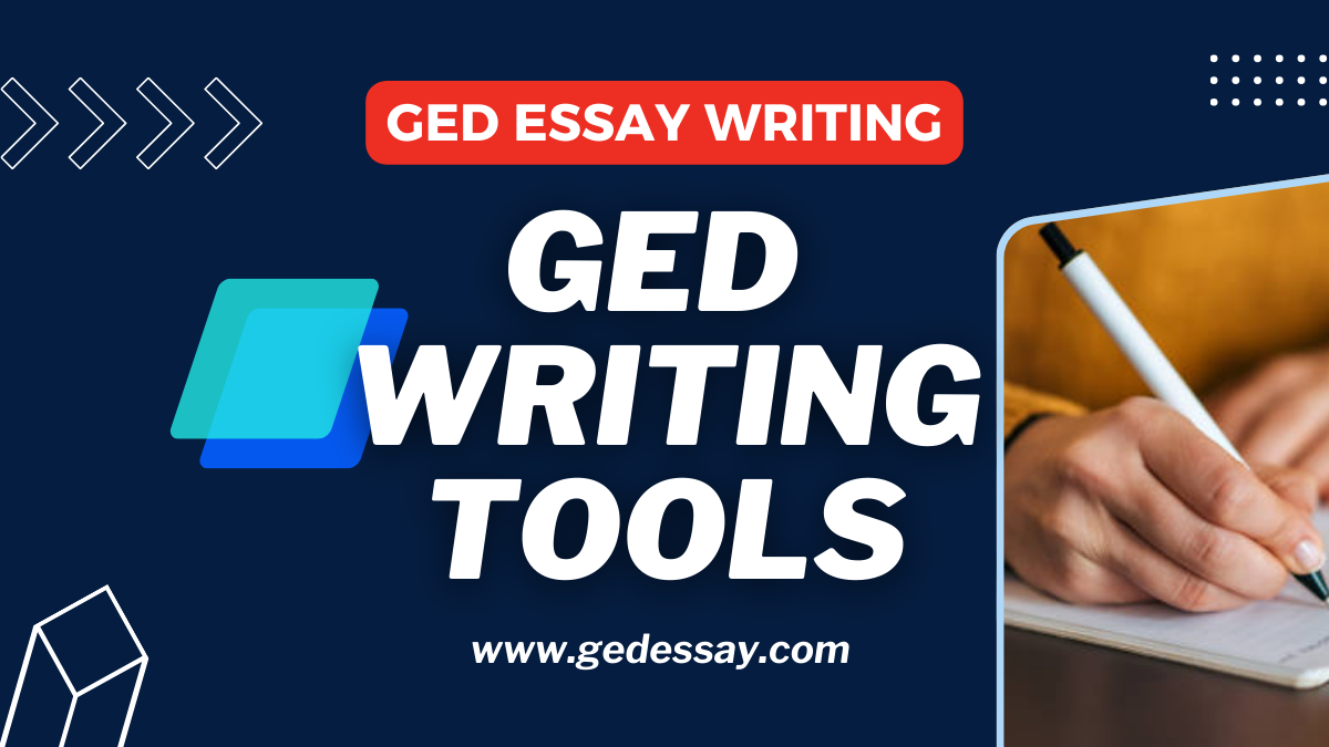 Graphic promoting GED essay writing resources. Features the text 'GED Writing Tools' prominently, with a hand holding a pen over a notebook. The background is dark blue with geometric shapes and the website URL 'www.gedessay.com' displayed.