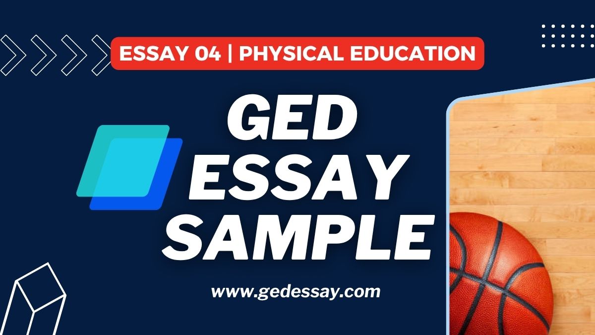 Graphic with a basketball and text reading ‘GED essay example for physical education topic.’