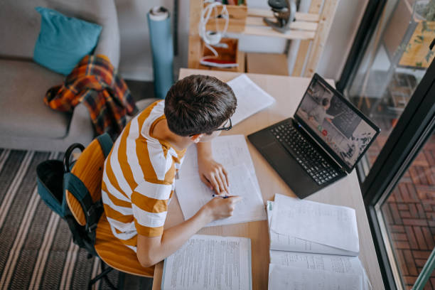 Student studying through an online learning lesson on a computer.