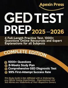 GED Test Prep 2025–2026 book cover by Apexin Press, includes essay writing guidance and practice tests