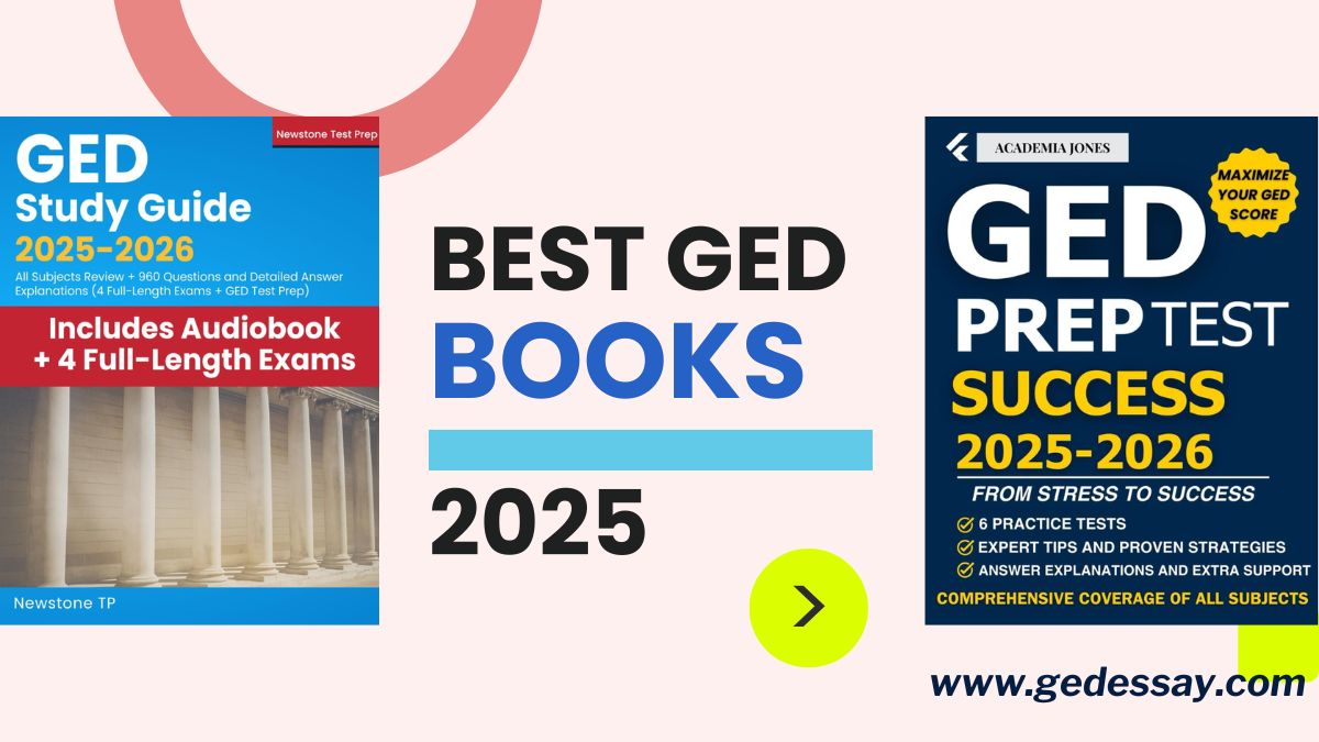 GED prep books with focus on essay writing and test strategies
